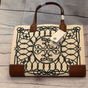 TORY BURCH ELLA SMALL PRINTED TOTE BAG IVORY ABSTRACT ROPE PATTERN